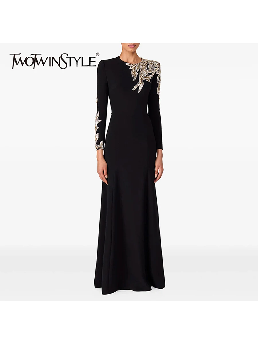 TWOTWINSTYLE التخسيس تقسم الترتر مزاجه فساتين للنساء الجولة الرقبة طويلة الأكمام المرقعة حبة فستان الملابس النسائية