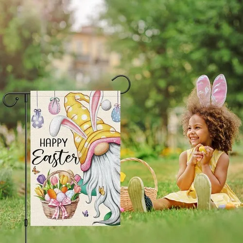Happy Easter Gnome with Rabbit Ears Garden Flag Double Sided Burlap, 12x18 XXQ