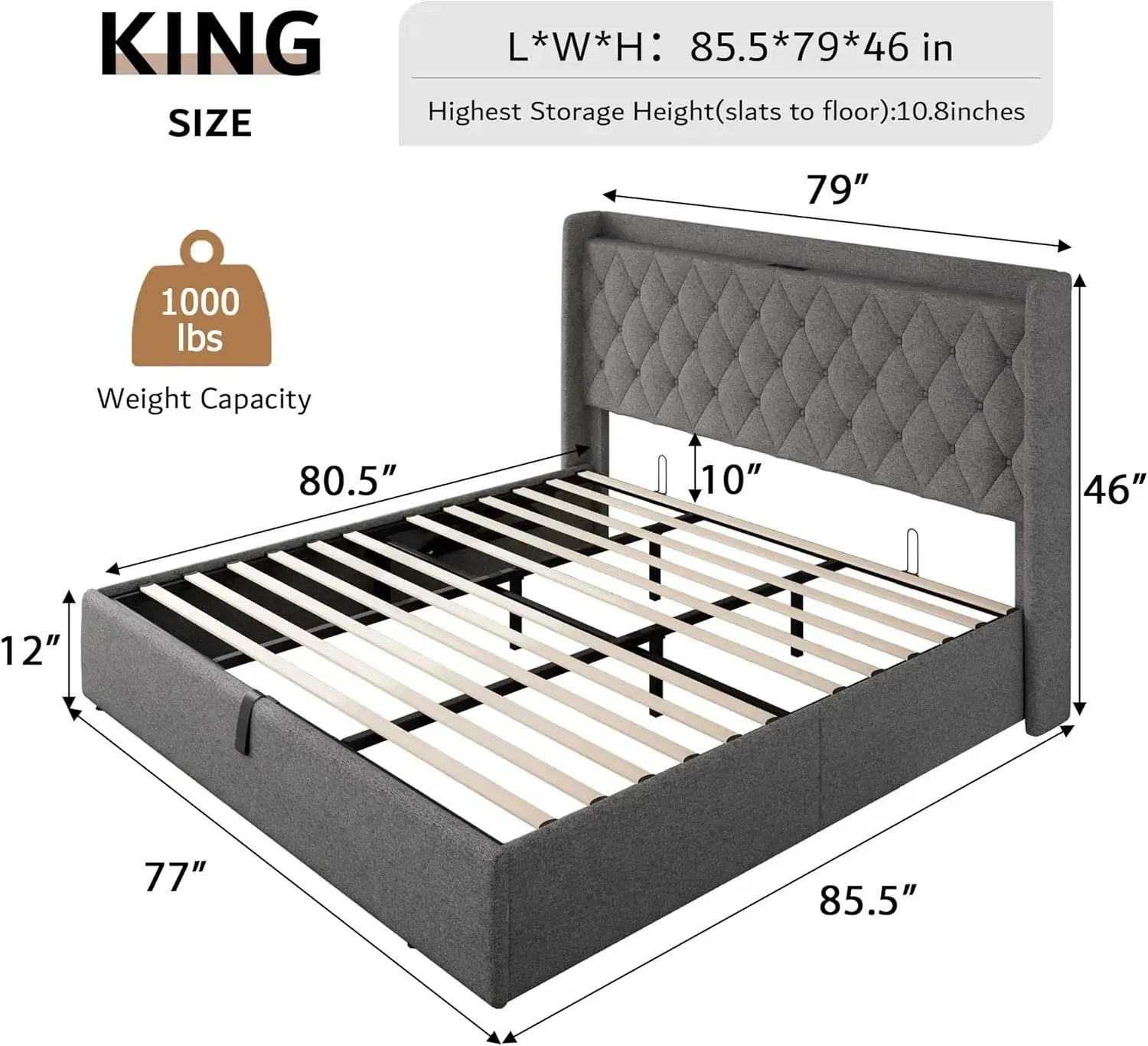 Upholstered Platform Bed Frame with Tufted Headboard, Hydraulic Storage, No Box Spring Needed, Noise-Free