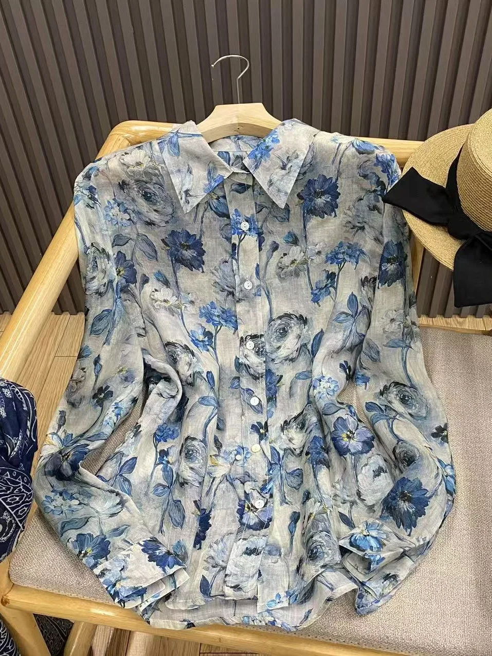 

Artistic Blue Cotton Linen Print Long Sve Women's irt Spring Anti-Aging Ele Linen irt Breathable Slimming Top