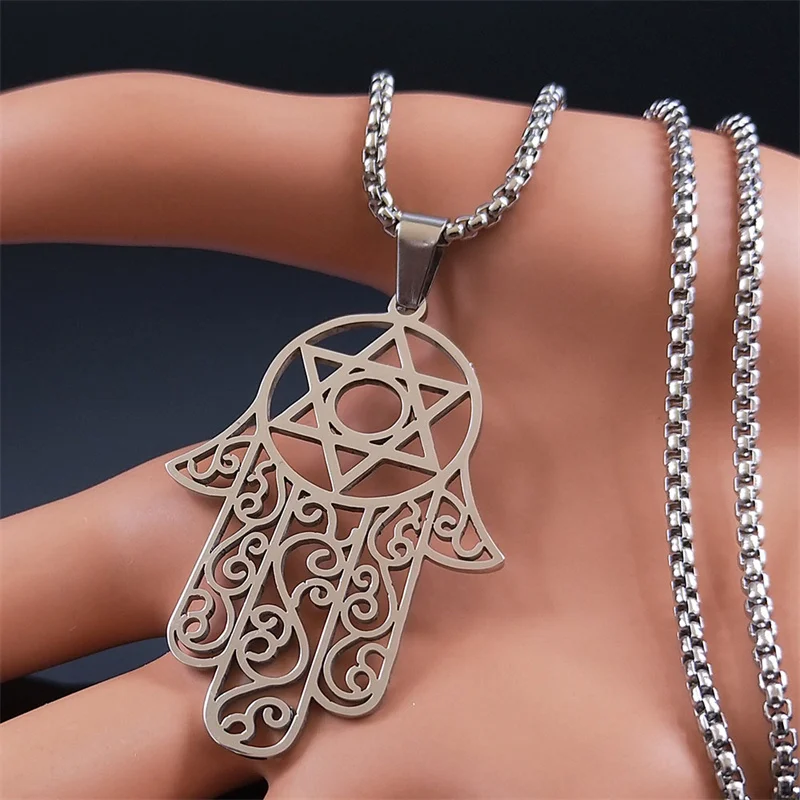 Hamsa Hand Of Fatima Necklace Stainless Steel Silver Color Jewish Magen Star of David Necklaces Jewelry Collar Hombre N7073S02