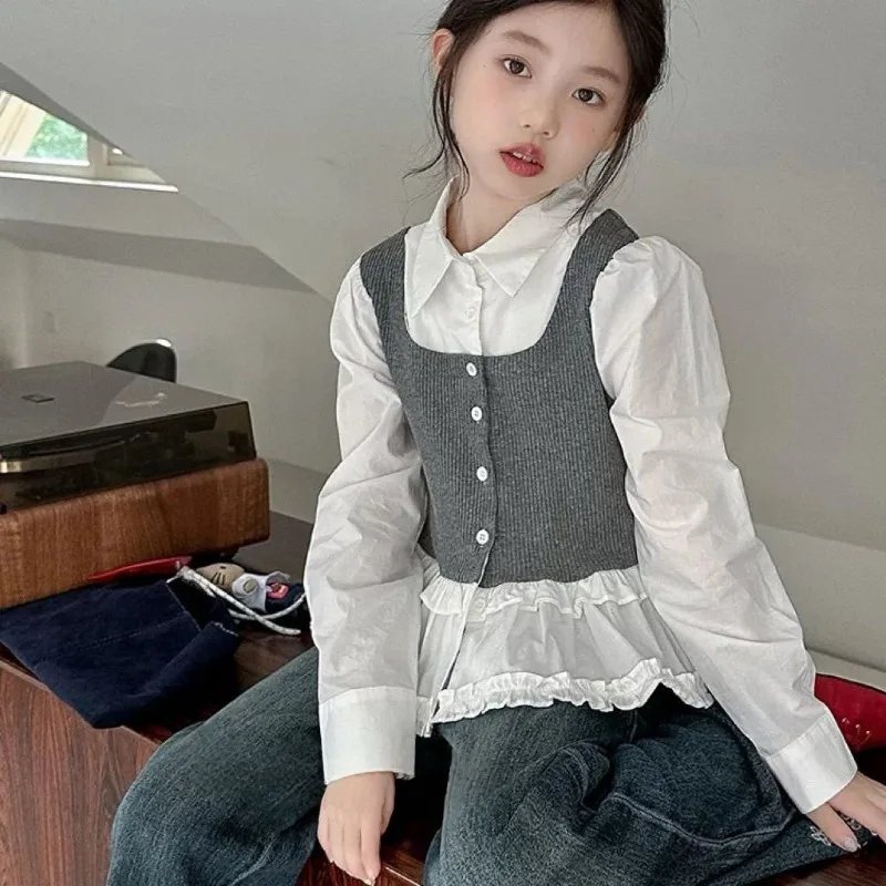 2026 Autumn New Kids' Two Piece Shirt Girls' Lace Trimmed Blouse Trendy Children's Two-Piece Suit Toddler Big Kids 2
