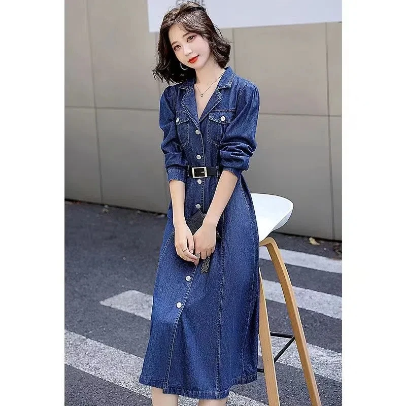 Denim Dress Women 2023 Spring New Fashion Slim Reduction Age Over Knee Denim Skirt Female Casual Long Single-breasted Dresses