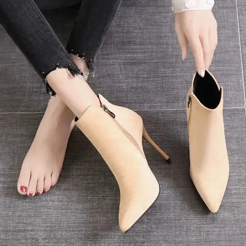 Short Boots Women 2023 Autumn/Winter High Heel Shoes Sexy Black Stiletto Pointed Toe Side Zipper Botines Casual Botas De Mujer