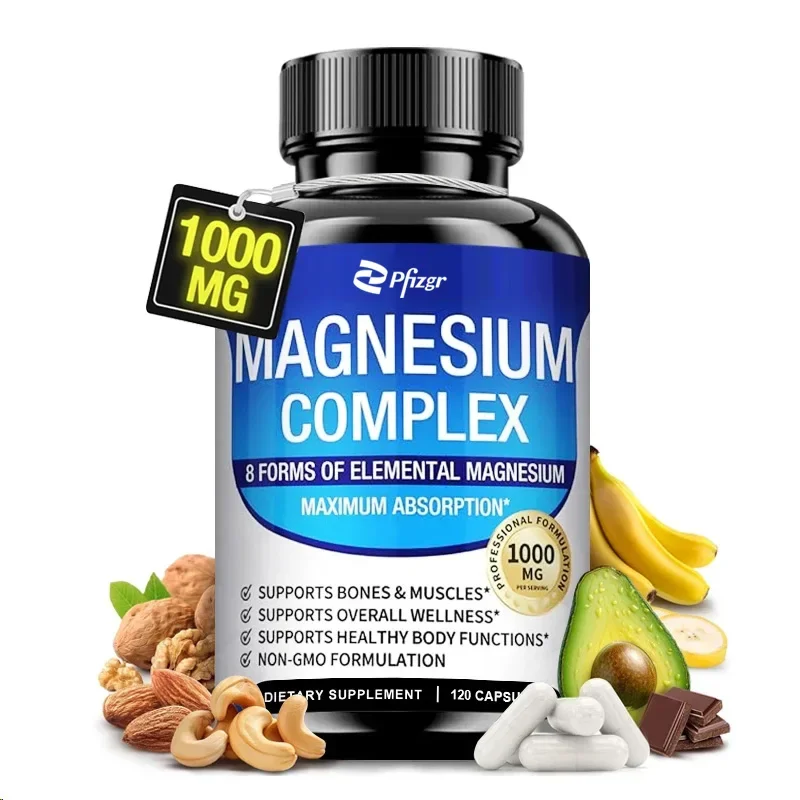 Cápsulas complejas de magnesio, suplemento de 1000MG para relajación muscular, alivia el estrés, suplemento dietético para la salud de los huesos musculares