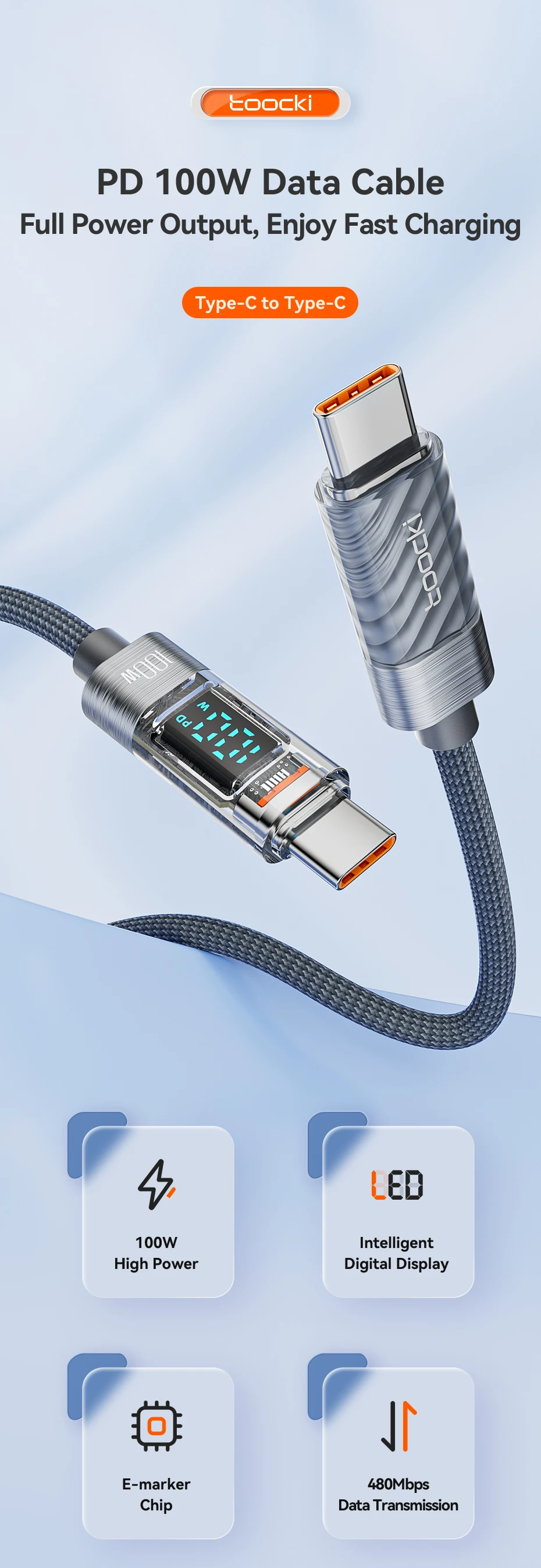 Toocki 100W PD Spring Coiled USB‑C to USB‑C Cable For Macbook iPad Samsung Galaxy Huawei Fast Charging LED USB Type C Data Cord