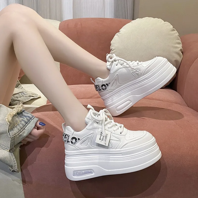 Chunky Leather Women Casual Shoes White Black 8CM High Platform Wedge Heels Sneakers Female Women Spring Autumn Skateboard Shoes