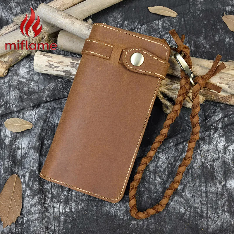 

Роскошный винтажный кошелек из кожи Crazy Horse для мужчин, длинный бумажник с застежкой-пряжкой и настоящим плетеным ремешком для путешествий на природе