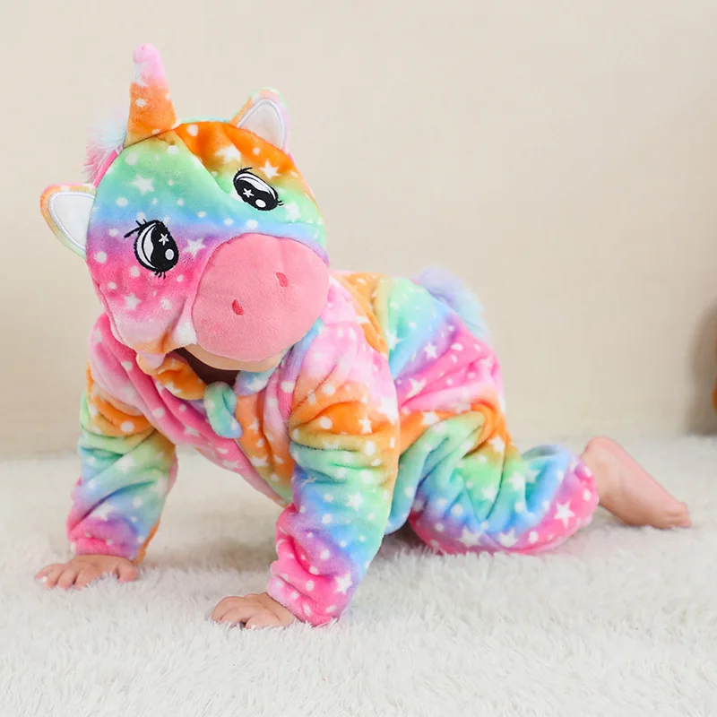 Baby Girls Cute Rompers Winter Cartoon Rainbow Unicorn 1-5 Years Boys Toddler Clothes Pajamas Coral Fleece Infant Animal Costume