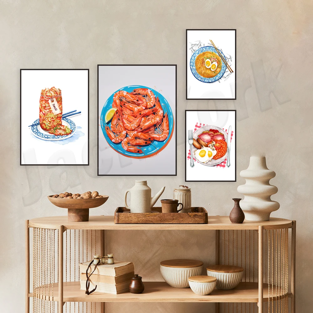 كيمتشي الحب بالألوان المائية الكورية، رامين ياباني، جمبري، فن الإفطار الإنجليزي المقلي، ملصق تزيين المطبخ التوضيحي للطعام #3