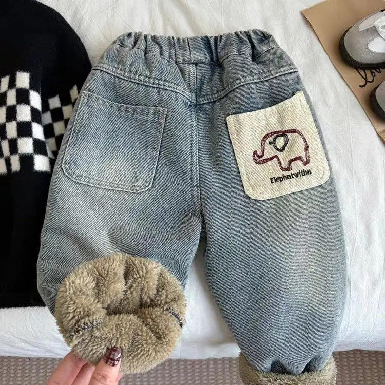 

UNITIM/Детские джинсы для маленьких мальчиков, новые зимние лоскутные утепленные джинсовые штаны с карманами для маленьких мальчиков, повседневные штаны с эластичной резинкой на талии для маленьких мальчиков