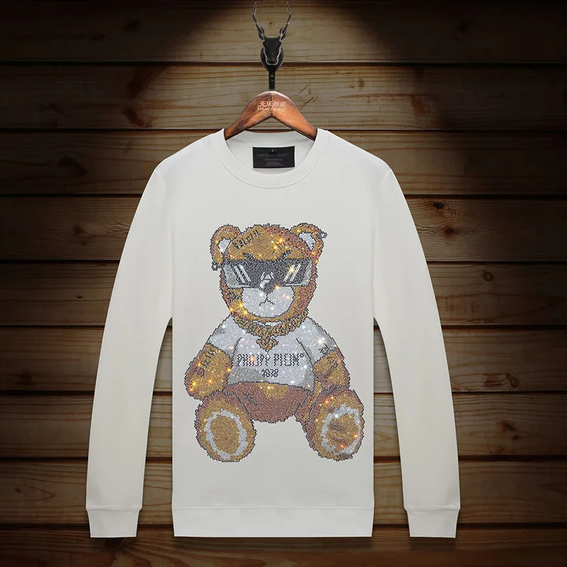 2024 Bear Rhinestones Mens Autumn Hoodies Sweatshirts Fashion Streetwear Full Pullover O Neck Hoodie Men Clothing Ropa De Hombre