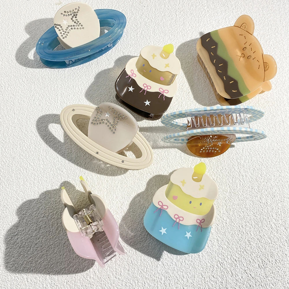 Elegant Cartoon Cake Star Hamburger Bear Rhinestone Crab Hair Claw For Women Fashion Oversize Ponytail Hairpin Accessories Claw