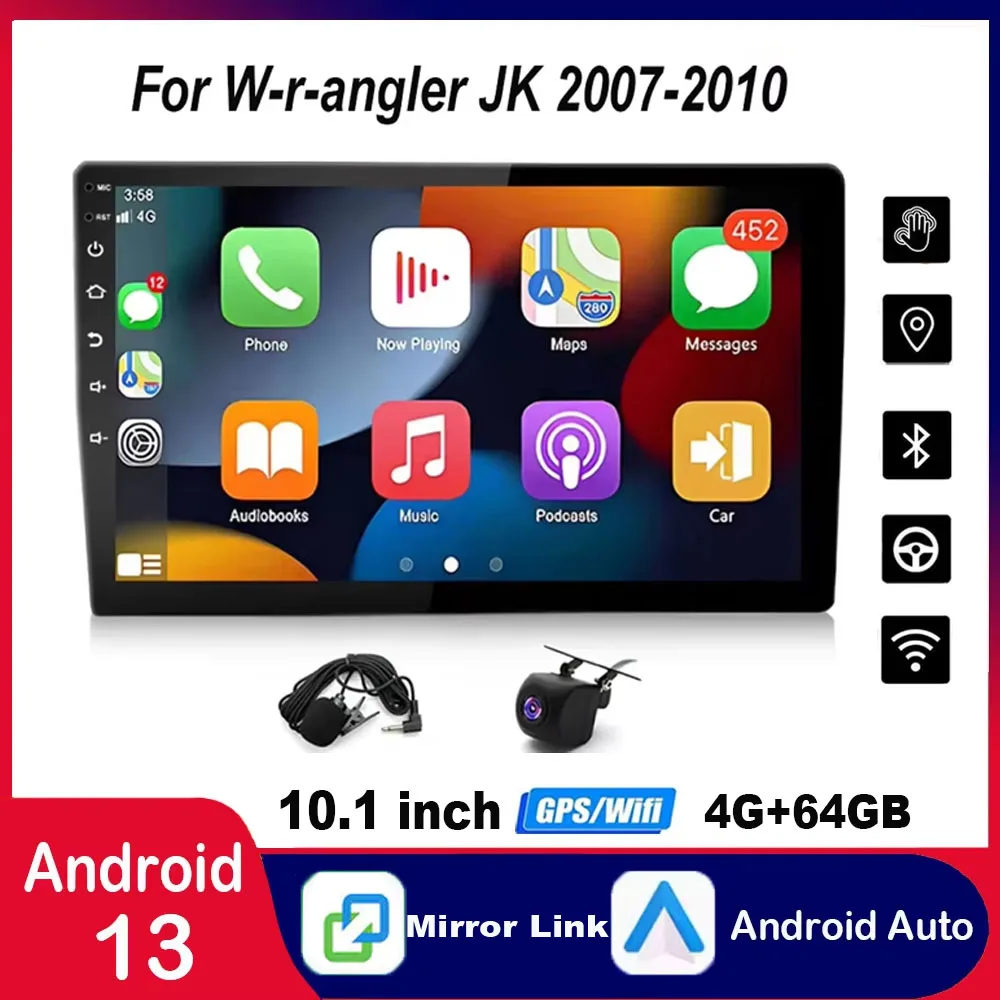 

For Universal Model 10.1-in Android 13 Car Navigation for CarPlay+Android Auto/4GB+ 64GB Car Stereo for W-r-angler JK 2007-2010