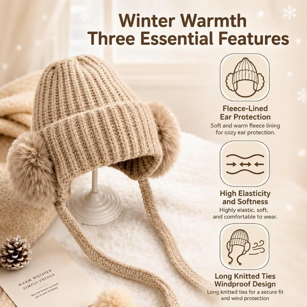 New Warm Knitted Beanie Hat Multicolor Faux Fur Pom Pom Thermal Ski Hat Soft Winter Skullcap Women 5
