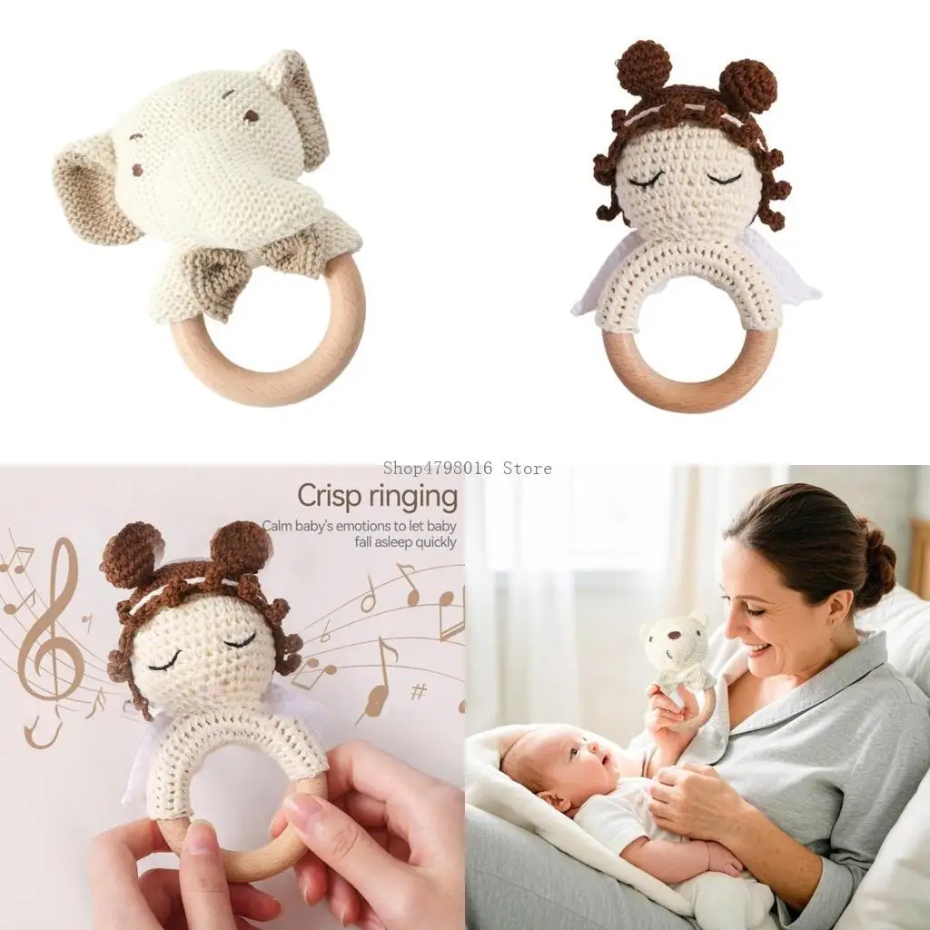 

Wooded Teething Rattle Soft Crochet Baby Teether Cartoon Chewable Teether Toy Gentle Relief for Teething Boys Girls