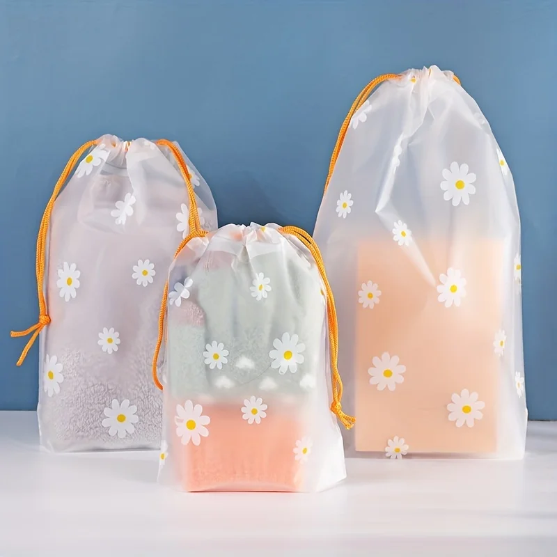10Pcs Transparent Daisy Drawstring Storage Bags Yellow Floral Pouches for Travel Bedroom Shoe Towel Organizer