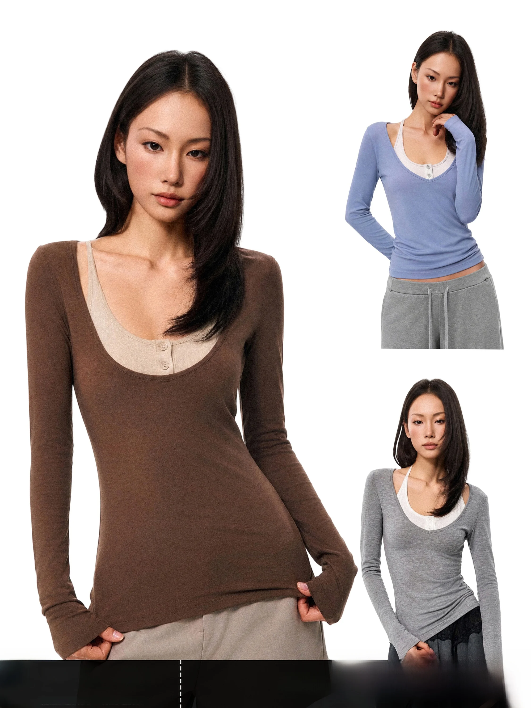 GoGo Burn  Wool Color Block Knitted Long Sleeve Casual Top Loose Fit Women's Autumn New Style V-Neck Short Length