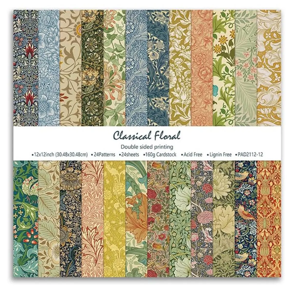 ABPP Vintage William Pattern Scrapbook Paper, 24 Sheets 12x12 Inch Double Sided for Crafting