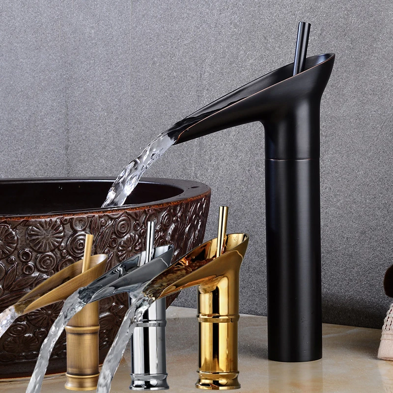 

Gold Black Antique Brass Bamboo Single Handle Lever Bathroom Vessel Sink Basin Faucet Mixer wine glass Waterfall Water Taps