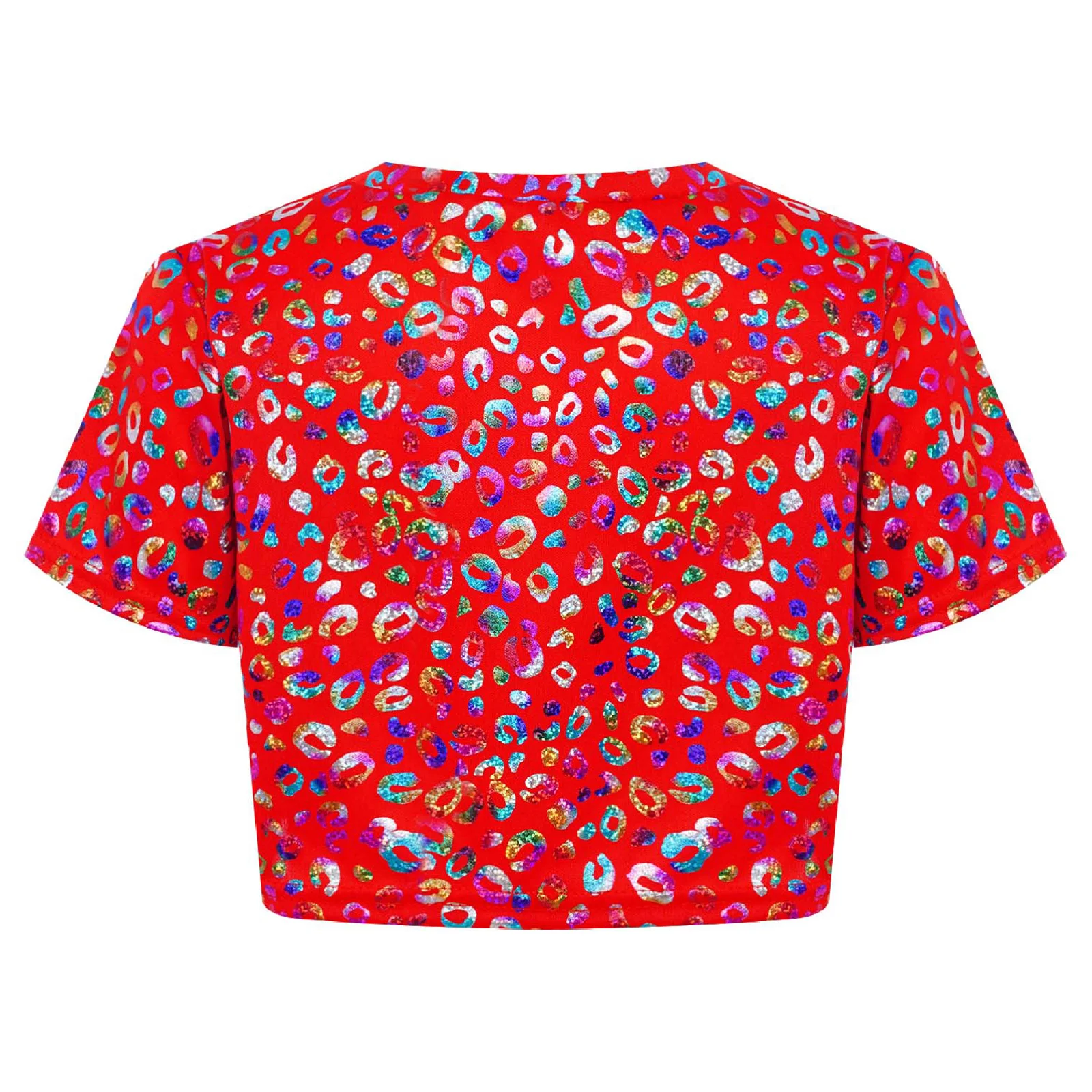 Mode Kinder Mädchen Metallic Rundhals Crop T Top Leopard Print Kurzarm T-shirt Jazz Dance Kostüm Leistung Kleidung
