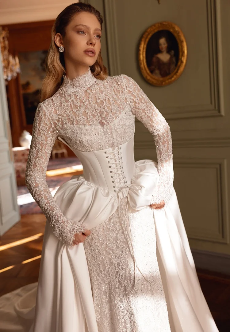 Vestido De Novia Boda 2 En 1 Desmontable Casamento Civil Mermaid Wedding Dress 2026 Luxury Lace Guest Elegante Manga Larga Cetim