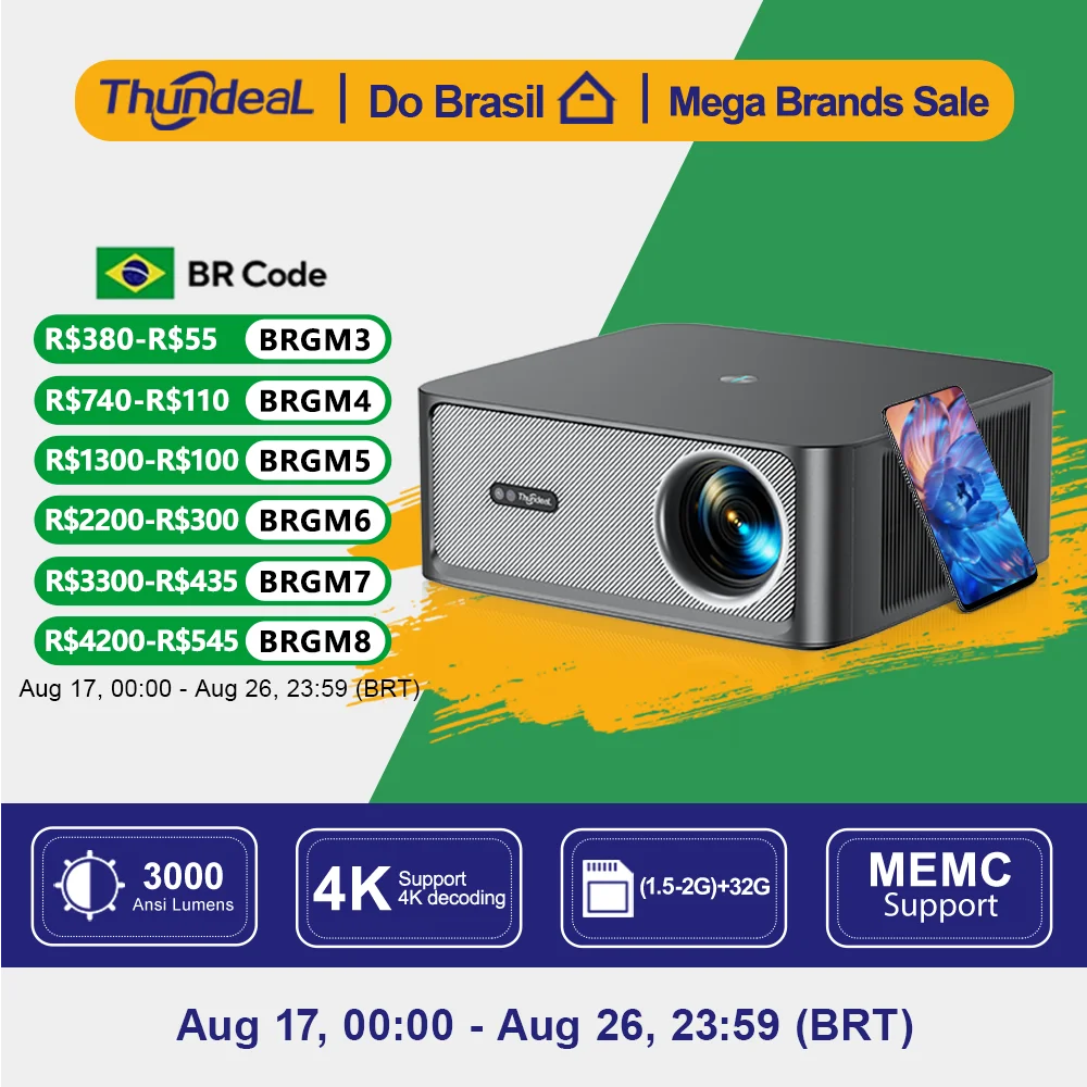 Projetores no brasil Projetor  inteligente portátil ThundeaL TD98Pro Alta luminosidade Suporte 2K 4K Full HD  para filmes e jogos TD98 Pro 2 GB 32 GB Vídeo Cinema em casa Wi-Fi Android Beam Para apresentação