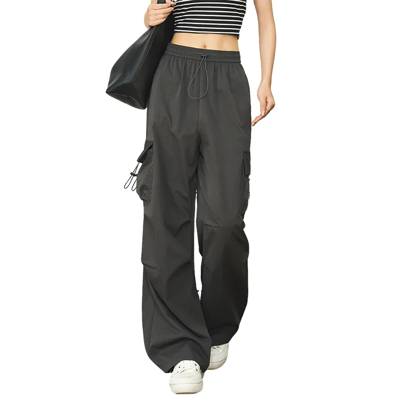 OLrain Women Gray Pants Casual Summer 2025 Safari Style Wide-leg Draw String Pants Pocket High-waisted Lady Trousers O57XK98662