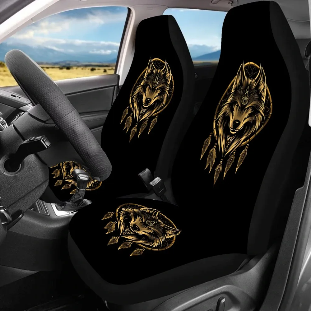 2pcs Golden Wind Chime Wolf King Print Car Seat Covers - Black With Golden Wolf Design, Fit For Cars, SUVs, Trucks, And Sedans -