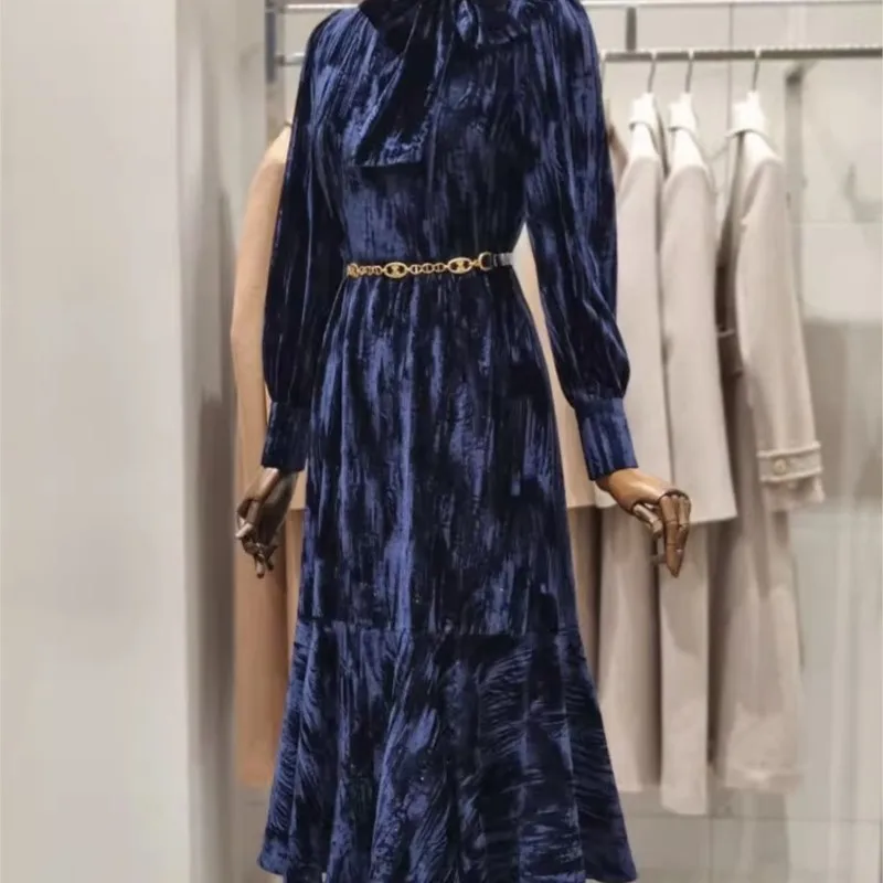 

Exquisite Hepburn Style Long Dress Lace-up Sleeve Blue for Women