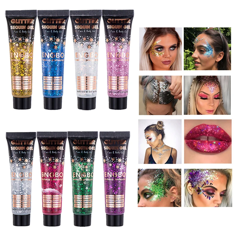 8 colors body glitter, face glitter gel, hair glitter, self-adhesive glitter gel, cosmetic glitter, suitable for stage makeup