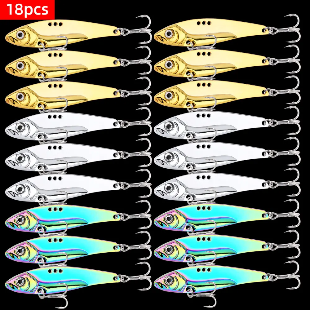 18Pcs Winter Metal Sinking VIB Spinner Spoon Fishing Lure Kit 5g-30g Jigs Treble Hook Vibration Swimbait Pesca Bass Pike Perch