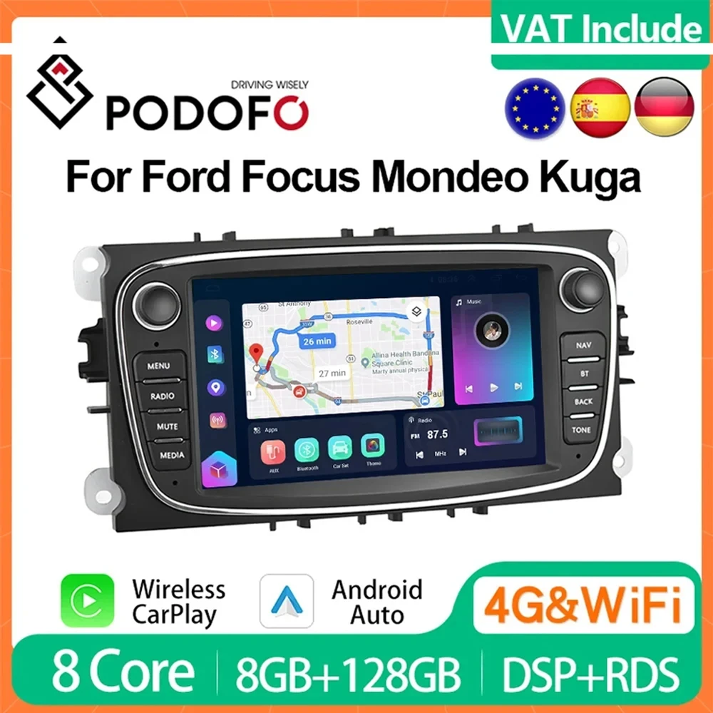 Podofo 4G CarPlay Android Radio Car Multimedia Player For Ford Focus S-Max Mondeo Galaxy Kuga Autoradio 2din GPS HiFi Head Unit