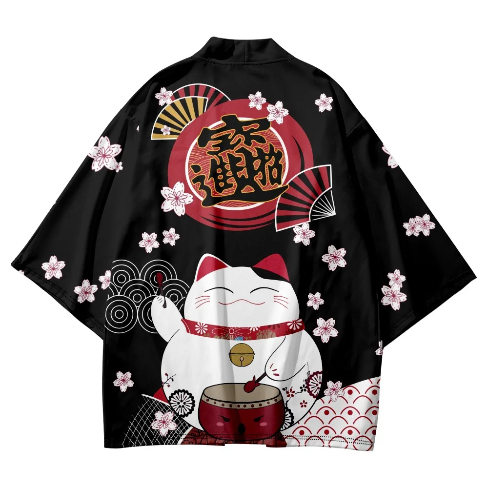 Japanse Sakura Cat Samurai bedrukte kimono voor mannen en vrouwen, Haori vest, traditioneel kostuum, losse mantel met korte mouwen, S-3XL