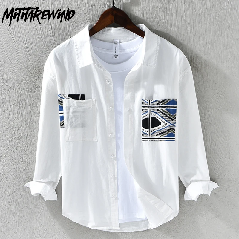 

2024 New Men Shirts Spring and Summer Daily Casual Pure Cotton White Shirt Men Print Patchwork Designer Shirt Youth Fashion Tops