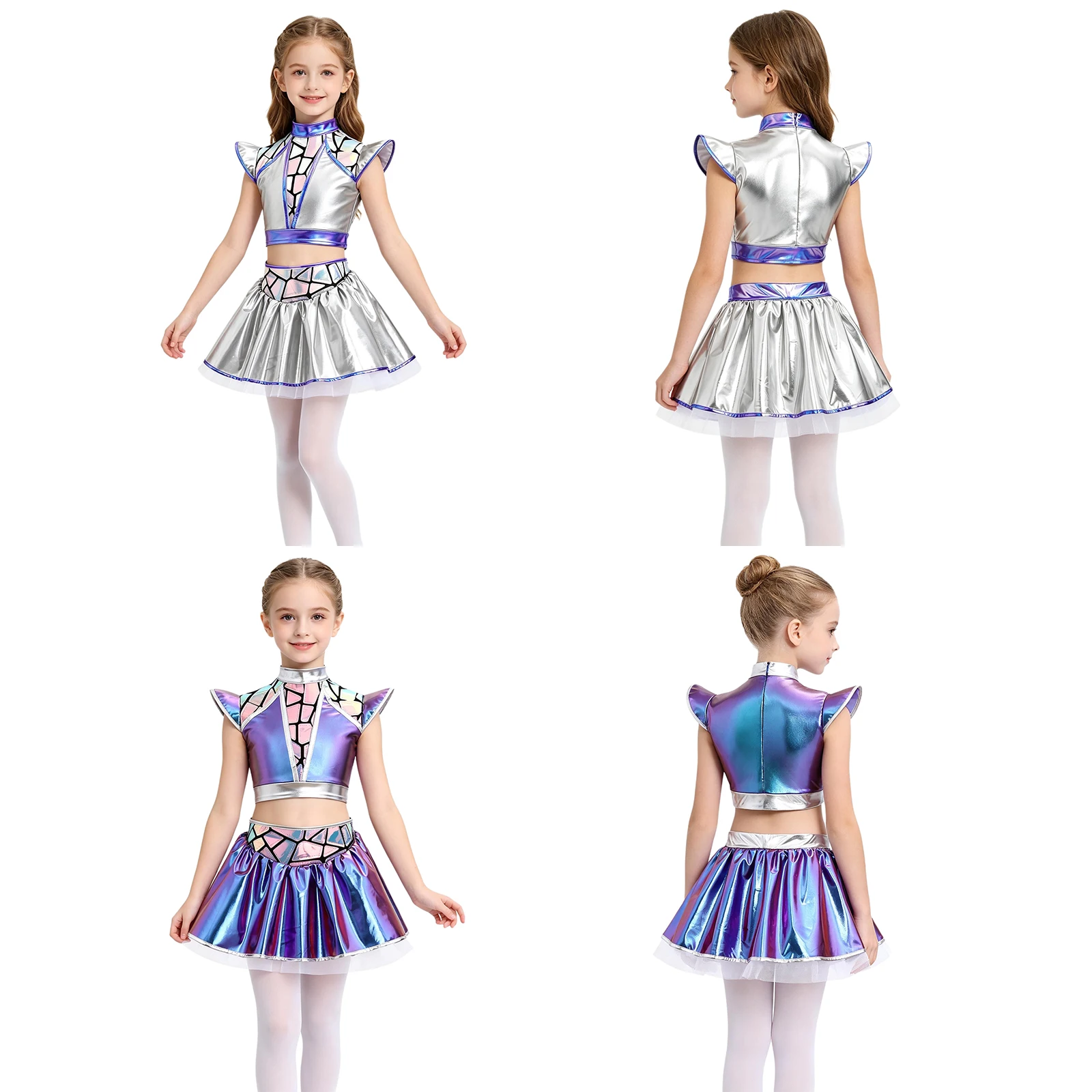 Kids Girls Metallic Shiny Jazz Dance Outfit Halloween Theme Party Alien Robot Costume Crop Top with Tutu Skirt Built-in Briefs