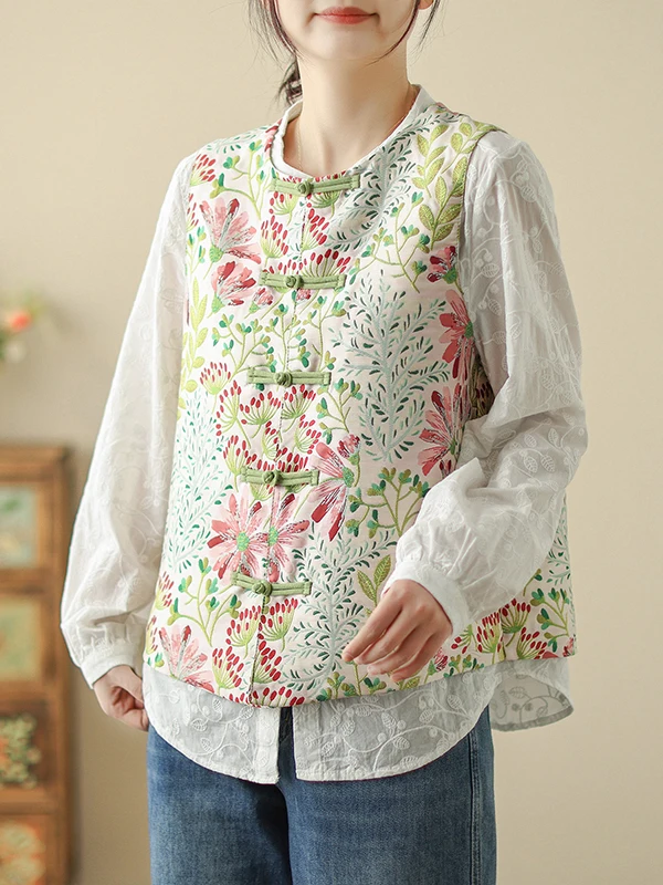 

Spring Autumn New Sle Loose Chinese Embroidered Vest National Sle Women's Faion Top ort Length Plant Floral Pattern