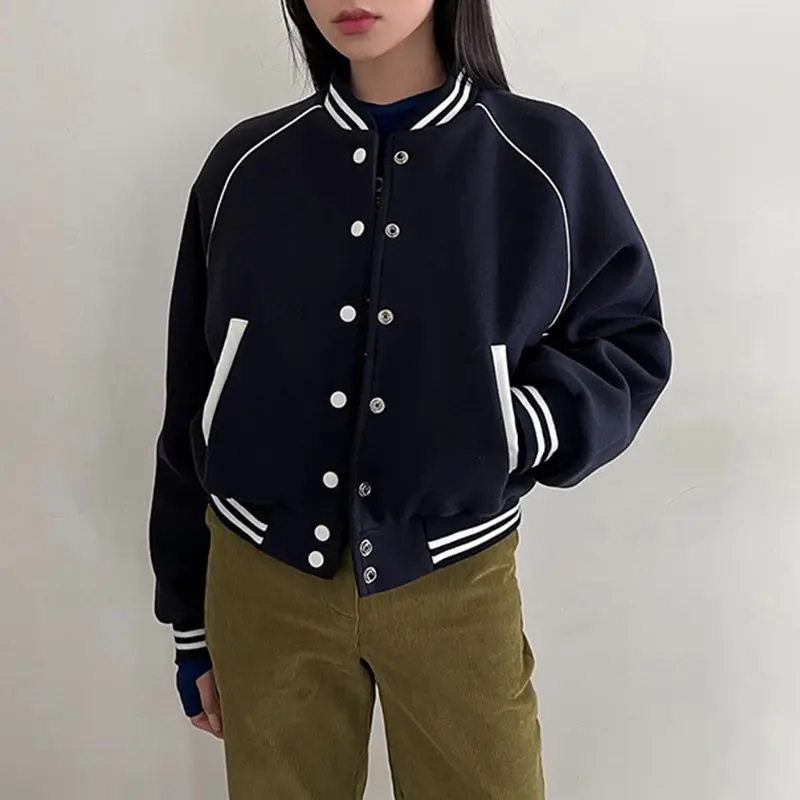 Baseball Jacket Color-Blocked Buttons American Sports And Casual Women'S Loose Versatile Lazy Top Autumn And Winter Style