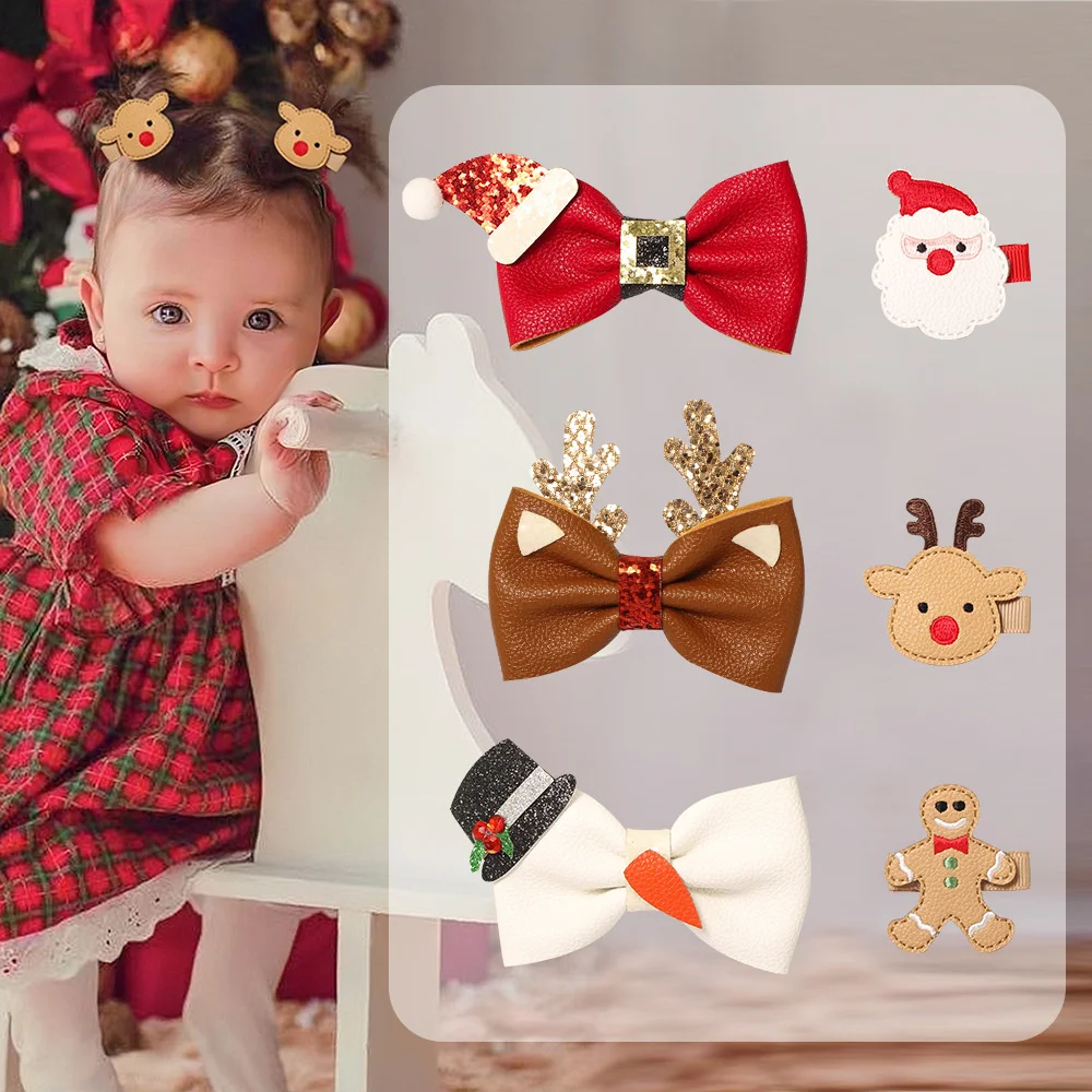 Cute Kids Christmas Gingerbread Man Hair Clip Delicate Leather Bowknot Santa Elk Hair Accessories Lovely Party Dress Up Headwear