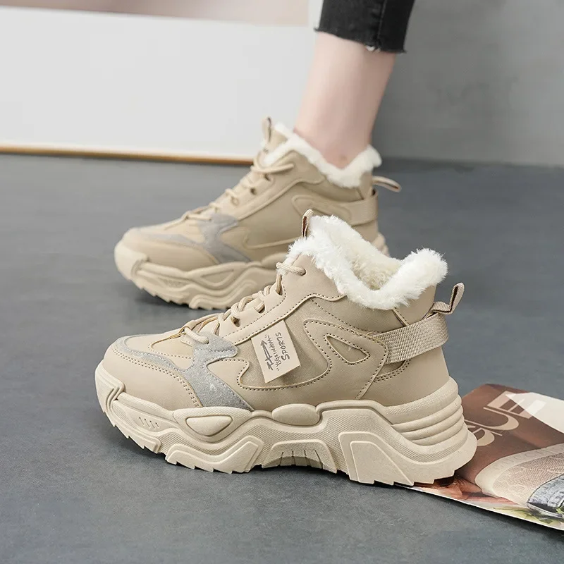

Winter New High Top Sports Shoes for Women, Warm and Casual Shoes with Added Fleece, Fashionable Thick Soled Cotton Shoes
