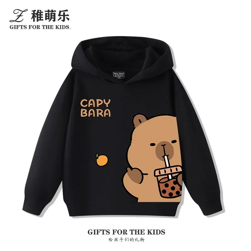 Suéter con capucha para niños de dibujos animados lindos de nueve rejillas Capybara Otoño e Invierno más terciopelo ropa que combina con todo para niños y niñas tendencia