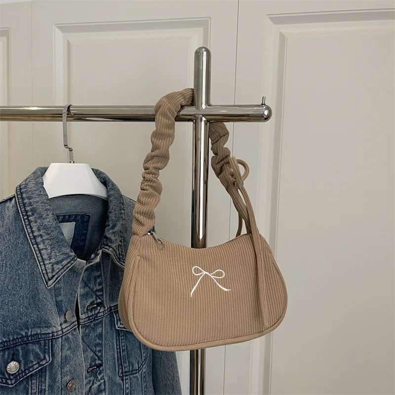 Corduroy pleated hand-held square women's bag with embroidered bow, cute single-shoulder lightweight underarm bag