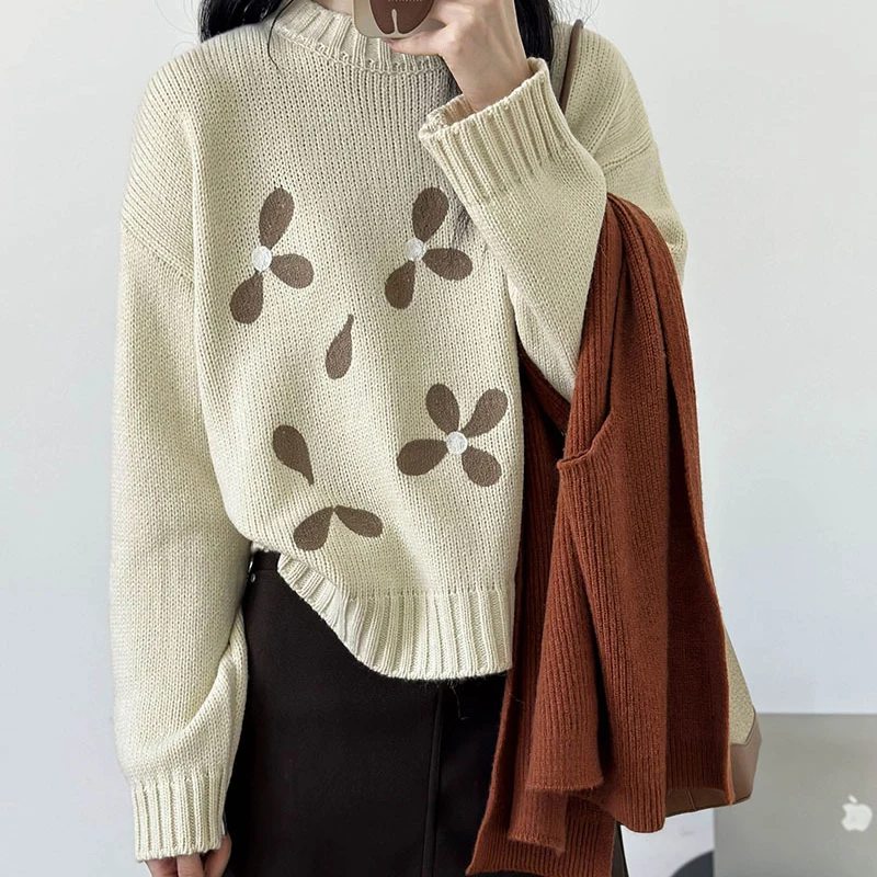 

2023 Women Autumn Sweater And Pullovers O-Neck Flower Knitted Long Sleeve Women Pullovers Female Jumper Pull Femme Tops