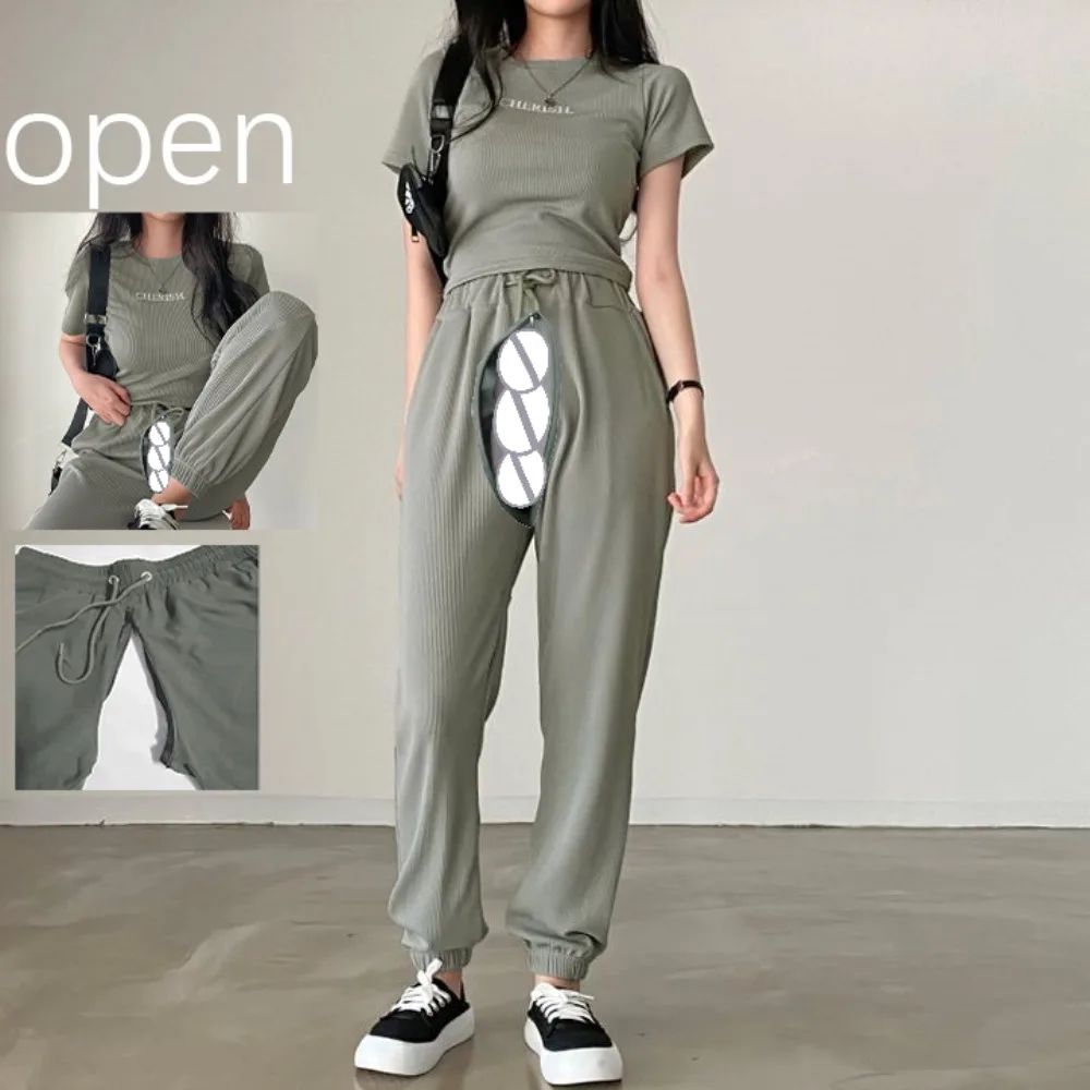 

2Pcs Open Crotch Casual Women's Clothing Set Summer Short-sleeved Trousers Running Baggy Yoga Fitness Sweatpants Y2K Streetwear