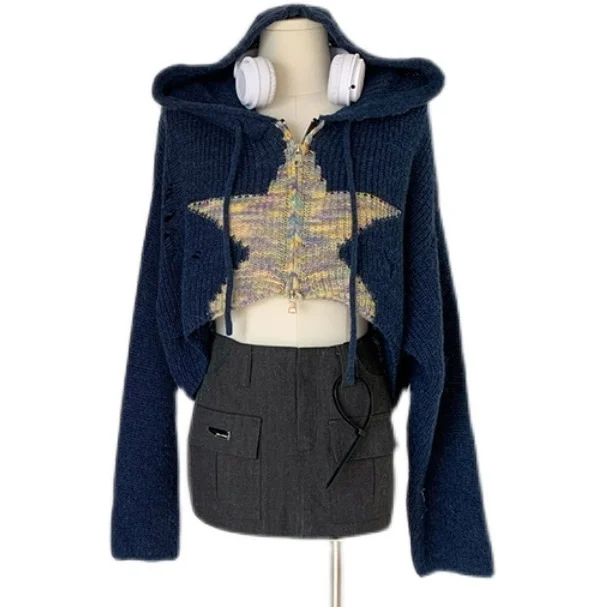 2024 Women Autumn American Retro Star Short Zipper Hooded Sweater Cardigan Lady Short Knit Crop Tops New Blue Knitwear Female