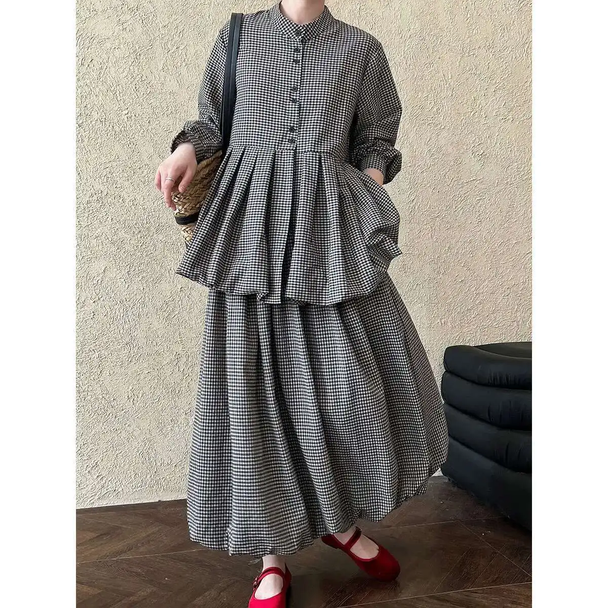 

Casual Reduced Aging Checkered Doll Shirt Top+flower Bud Half Skirt Two Piece Set Spring Set 5098