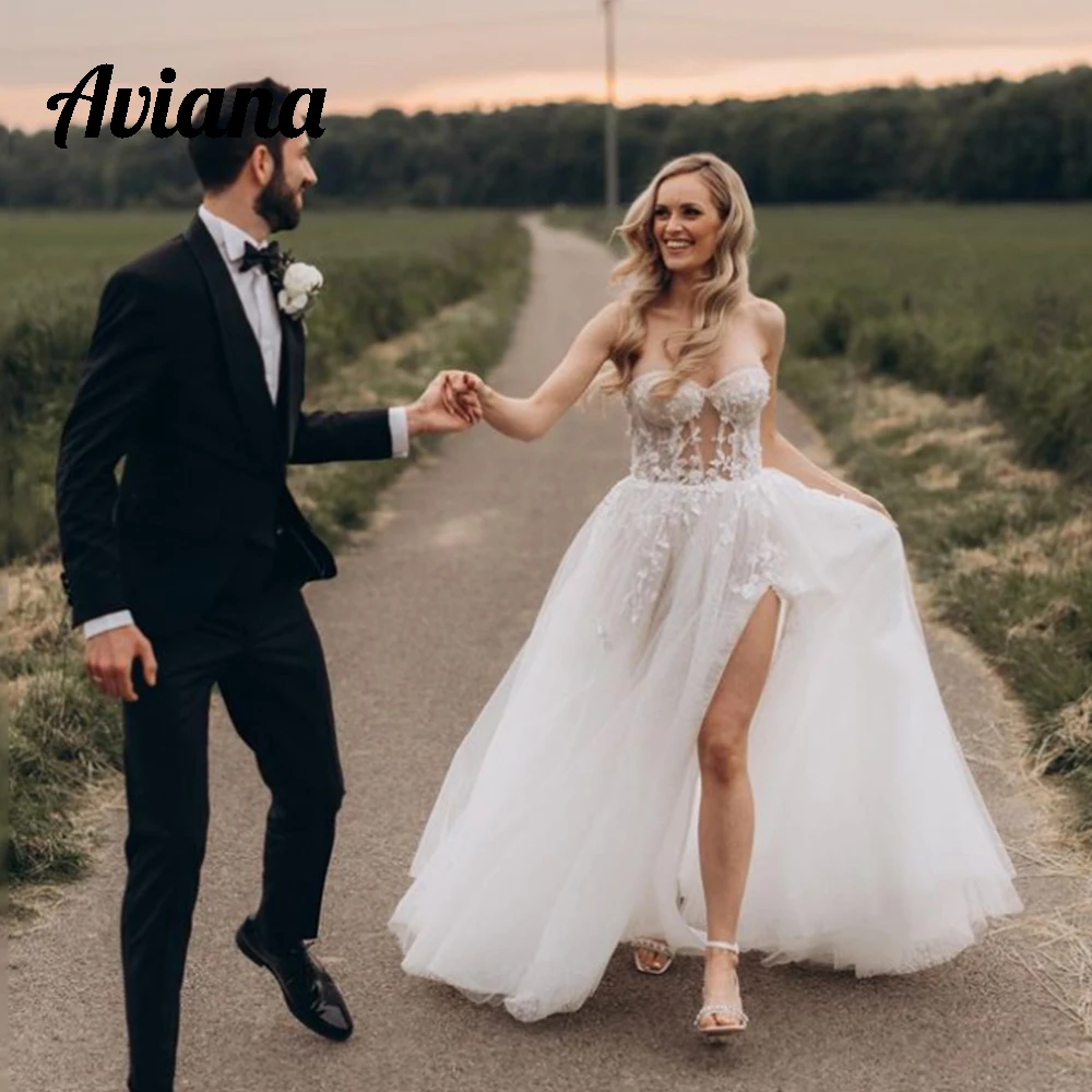 

Customized Classic Lace Wedding Dresses Sexy Sheer Corset Top Sweetheart Bridal Gows A-Line Side Slit Sweep Train 2025