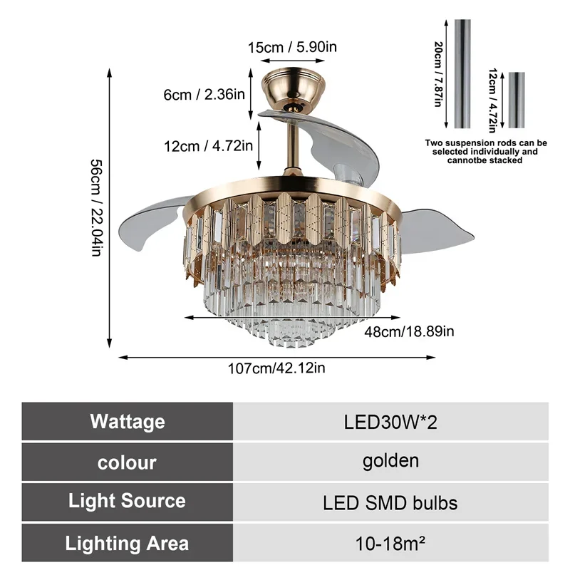 Imagem -06 - Ventilador de Teto de Cristal Moderno com Controle Remoto Lustre Redondo de 42 Polegadas para Sala de Estar Quarto Luz de Decoração Interna