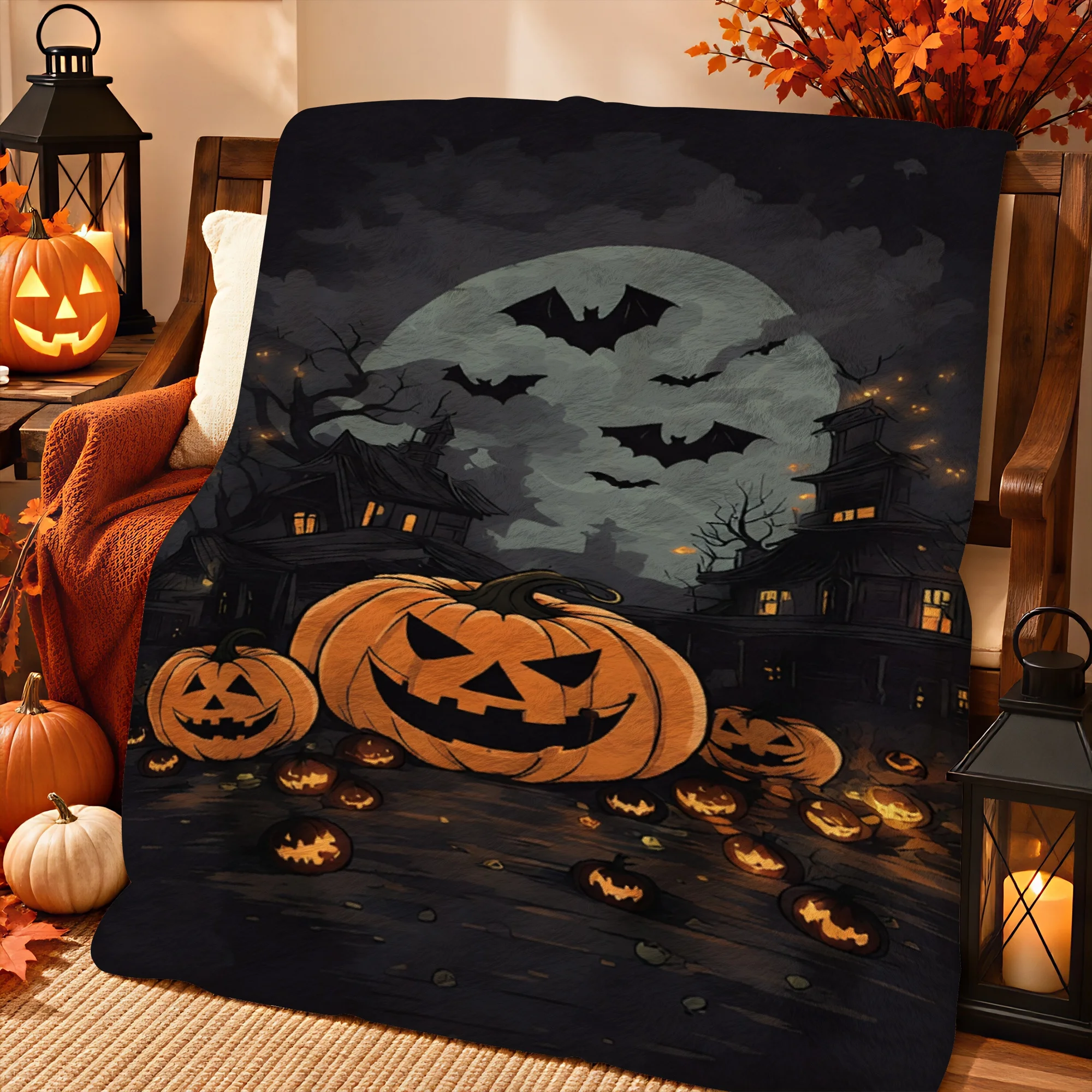 1pc 2D Printed Halloween Throw Blanket with Giant Pumpkin Bats Moon Haunted Houses Glowing Jack O Lanterns on Dark Background, S