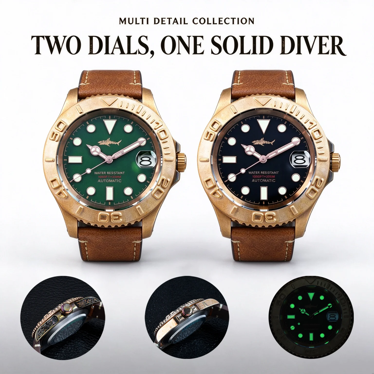 Heimdallr Men Bronze Water Ghost Diver Watch, 40.5mm Auto Mechanical, 300M Waterproof, C3 Luminous, Sapphire Crystal